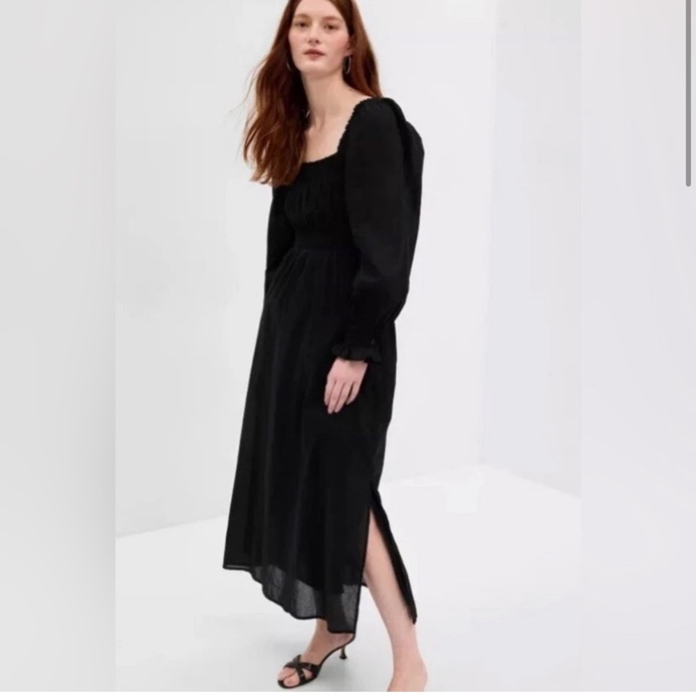 Gap 100% Cotton Long Puff Sleeve Smocked Maxi Dress Large Black